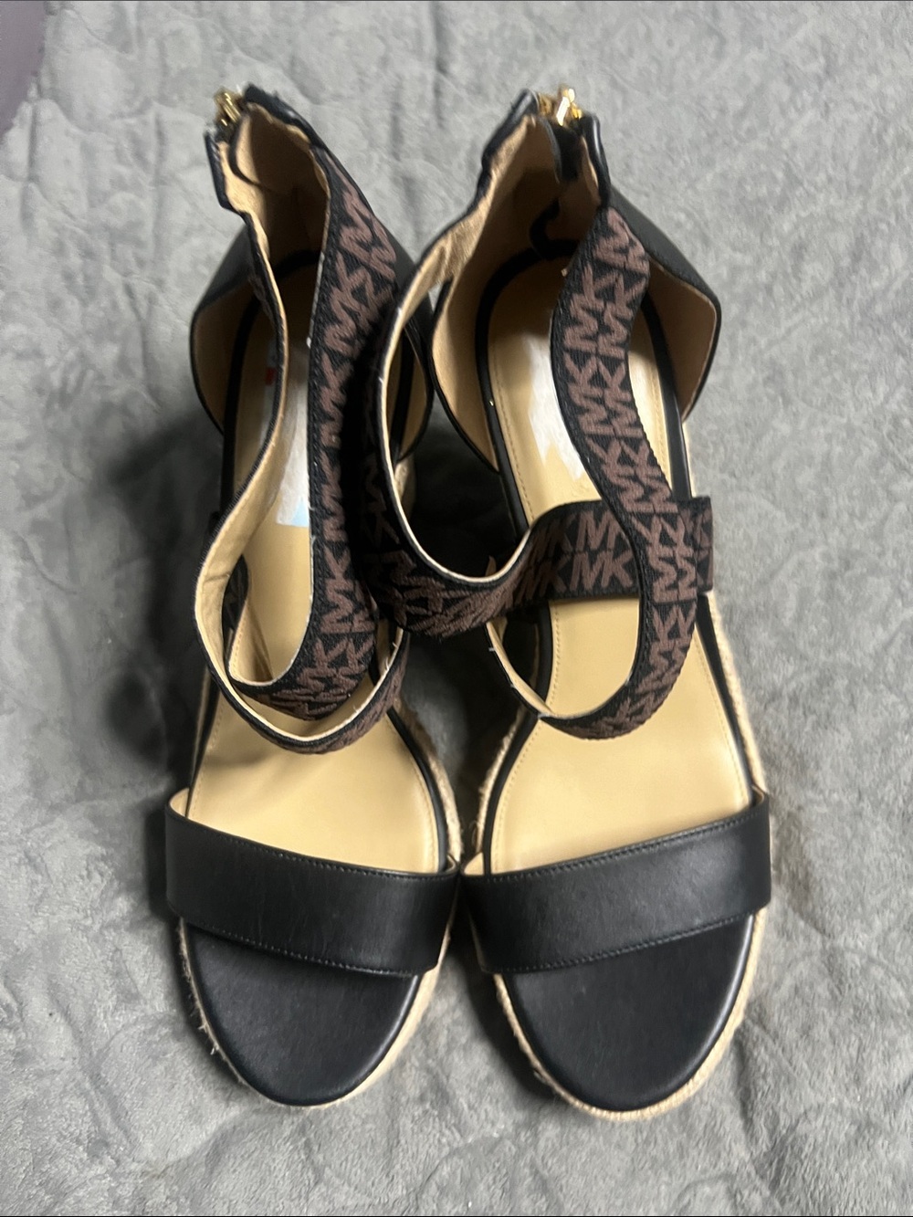Michael Kors Black Leather & Brown MK Logo Ankle-Strap Sandals